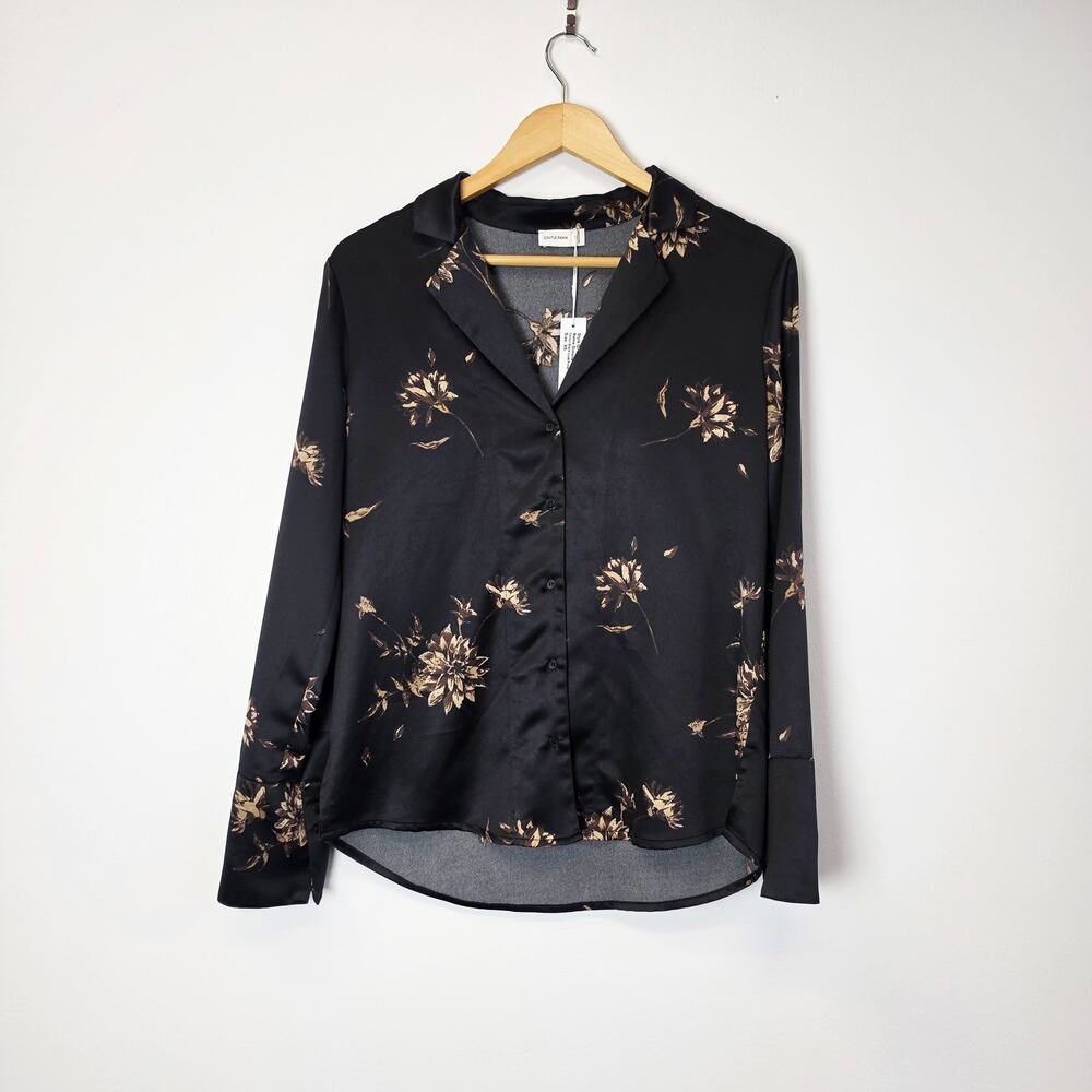 Gentle Fawn Simone Black Satin Floral Long Sleeves Button Up Blouse Top XS NEW